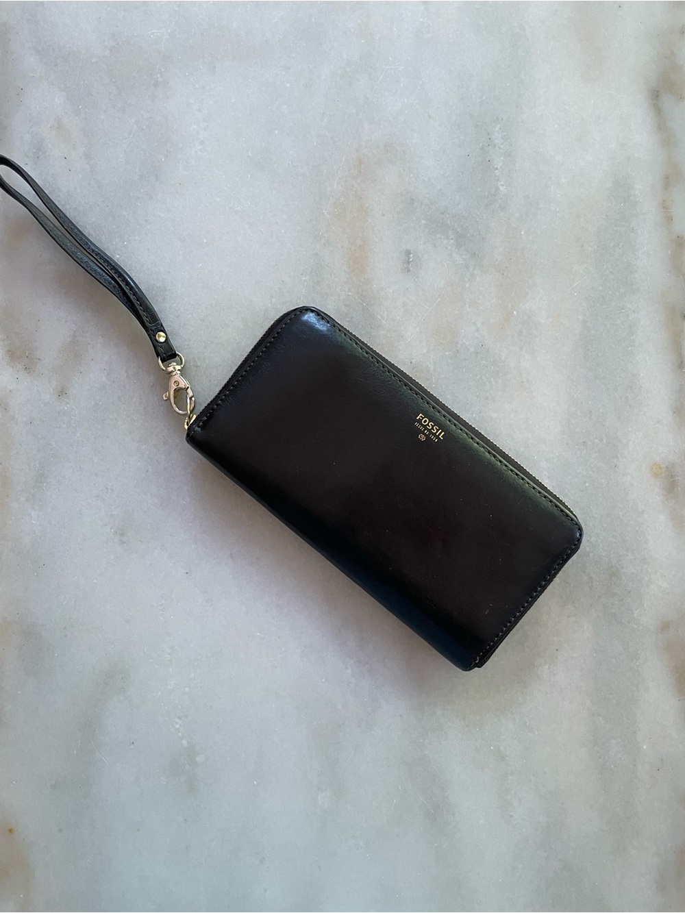 Fossil Black Leather Zip Wristlet with Gold Logo